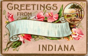 Postcard Greetings From Indiana Large Letter Flowers Landscape