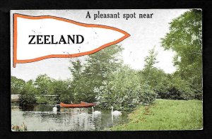 MP ZEELAND, Mich. PENNANT Full View Lake Canoes Swans, A Pleasant Spot, 1915