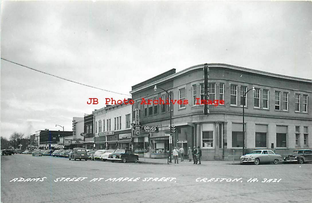 IA, Creston, Iowa, RPPC, Adams Street, Business Section, 50s Cars, Cook