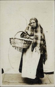 Old Woman Cockle Sarah Wicker Basket Head Scarf c1910 Real Photo Postcard