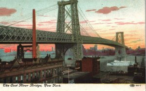 c. 1910 East River Bridge New York - Vintage Postcard - Lovely Skyline Sunset