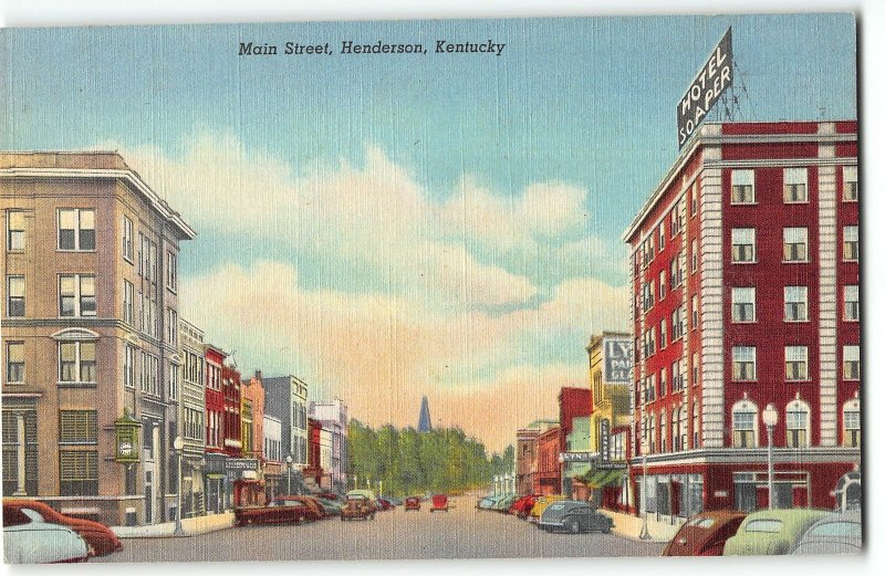 Main Street, Henderson, Kentucky - Hotel Soaper - 1943 Teich Linen Postcard