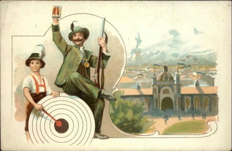 Austrian or German Man w/ Son Beer & Gun & Drum/Target c1...