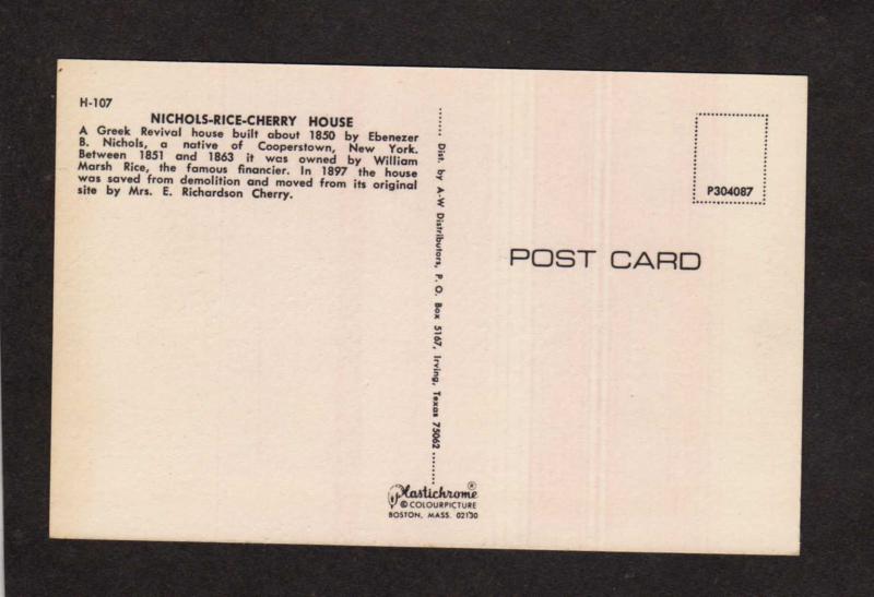 TX Nichols Rice Cherry House Sam Houston Park Texas Postcard