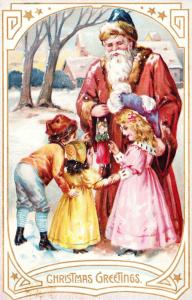 Tuck Christmas Postcard c1909, Christmas Greetings, Santa Children Doll Embossed