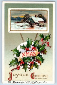 Christmas Postcard Greetings Holly Berries Mill Snow Winter Embossed Clapsaddle
