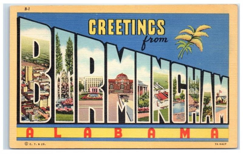 Mid-1900s Greetings from Birmingham, Alabama Big Letter Postcard