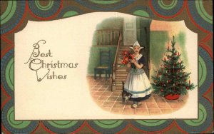 Christmas Dutch Woman & Cat Beautiful Art Nouveau Border Postcard #2