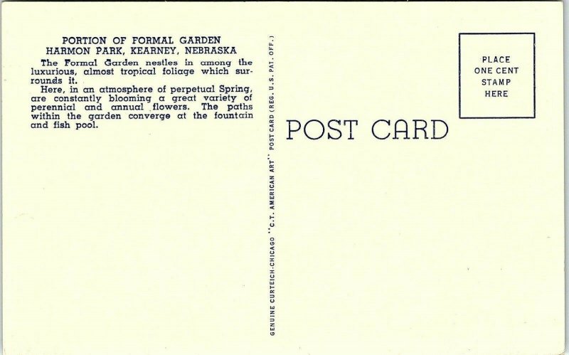 1940s Kearney Nebraska Harmon Park Portion of Formal Garden Linen Postcard 13-29