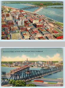 2 Postcards DAVENPORT, Iowa IA ~ Skyline, Bridge, Dam & Aerial View c1940s Linen