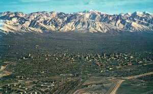 VINTAGE POSTCARD AERIAL VIEW OF SALT LAKE CITY c. 1964-1968 ROCKIES IN REAR