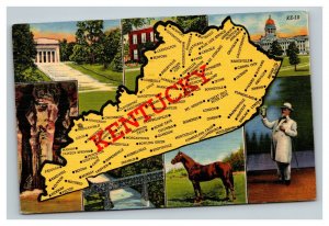 Vintage 1940's Postcard Greetings From Kentucky - Giant Map Horses Mint Julep