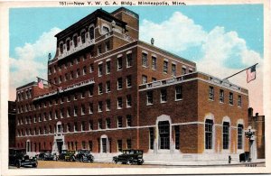 Postcard MN Minneapolis The New YMCA Building Old Cars American Flag 1920s S108