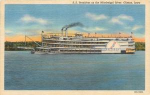 Clinton Iowa~SS President On The Mississippi~River Steamboat~1940 Linen Postcard