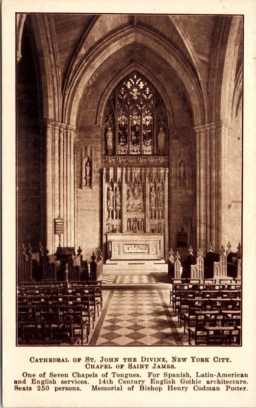 Cathedral Of St John Divine Chapel Of St James New York City Sepia DB Postcard 