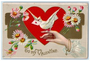 c1910'S Valentine Woman Hand Dove Big Heart Daisy Fowers Embossed Postcard