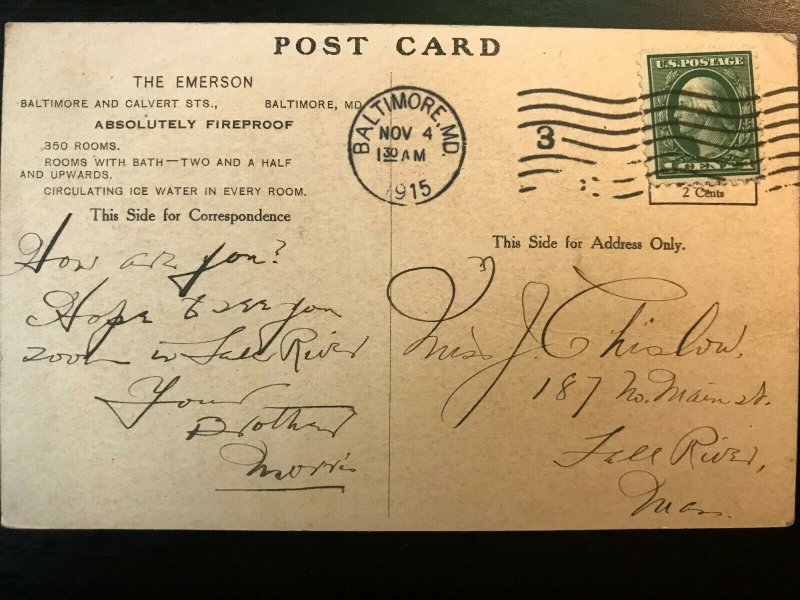 Vintage Postcard 1915 The Emerson Baltimore & Calvert Strs Baltimore Maryland