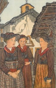 Swiss village churches and folk costumes in Valais Switzerland artist postcard