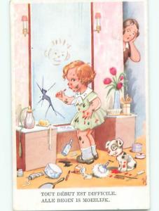 Pre-Linen foreign signed CUTE BELGIAN GIRL WITH DOG MAKES A MESS k6724