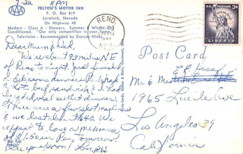 Lovelock Nevada Felton's Motor Inn Vintage Postcard AA21585