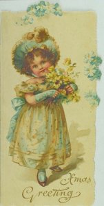 1880's Victorian Embossed Christmas Card Adorable Girl Pretty Dress Flowers P82