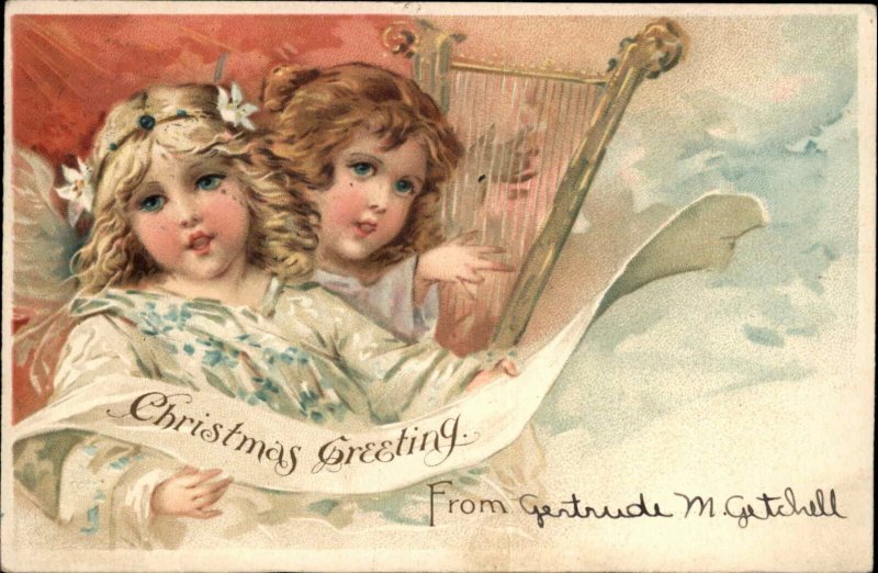 Christmas Beautiful Little Blue-Eyed Girl Angels with Harp c1910 Postcard