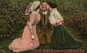 Vintage Postcard 1925 Man w/ Two Woman Flower Field For He Was Jolly Good Fellow