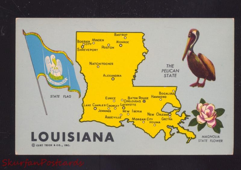 STATE OF LOUISIANA STATE MAP VINTAGE POSTCARD PELICAN FLAG