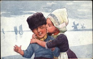 Dutch Children Kissing Unwanted Kiss Feiertag c1910 Postcard