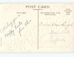 Divided-Back Easter CHICK STANDS ON EGG SHELL BY FLOWERS o6600