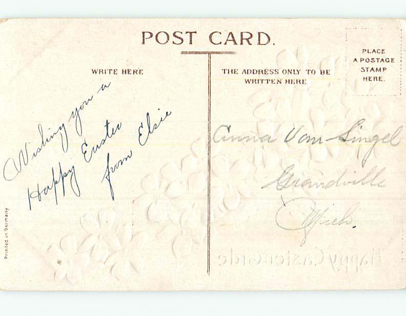 Divided-Back Easter CHICK STANDS ON EGG SHELL BY FLOWERS o6600