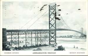 Vtg 1960s Ambassador Bridge Detroit Michigan MI to Windsor Ontario Postcard