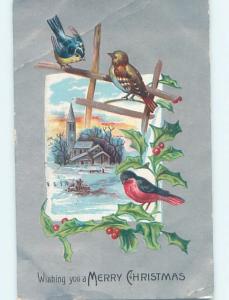Pre-Linen christmas BIRDS OF MANY COLORS WITH FENCE AND HOLLY HL0447