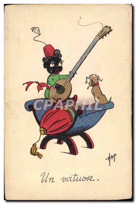 Postcard Old Negro color Child Dog Guitar