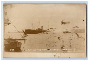 Motor Boat On Fire British Repair Ship Constantinople Turkey RPPC Photo Postcard