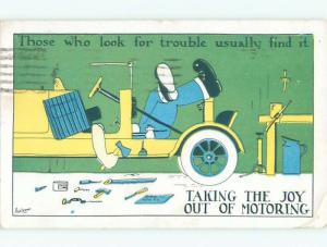 Pre-Linen comic signed MECHANIC WORKING ON OLD CAR k3676