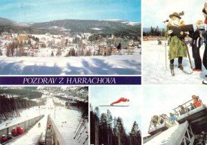 Harrachov, Czech Republic  CERTOVA HORA SKI AREA  Skiers~Jumps  4X6 Postcard