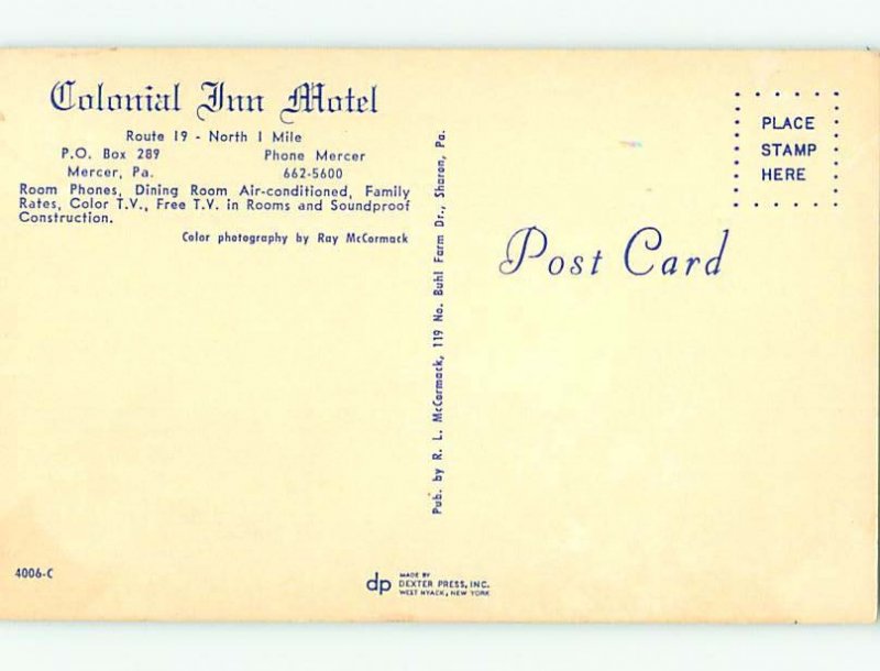 Unused Pre-1980 COLONIAL INN MOTEL Mercer Pennsylvania PA s4626