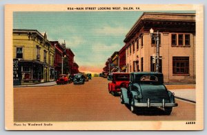 Salem Virginia~Main Street View West~c1930s Autos~Vintage Linen Postcard