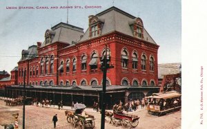 Vintage Postcard 1910's Union Station Canal And Adams Streets Chicago Trolley