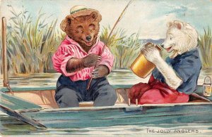 Dressed Bears Fishing Scene Jolly Anglers Tuck Vintage Postcard JE359257