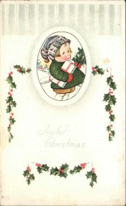 Christmas Children Holly Gift Embossed c1900s-20s Postcard