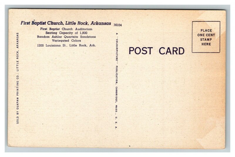 Vintage 1940's Postcard First Baptist Church Louisiana St. Little Rock Arkansas