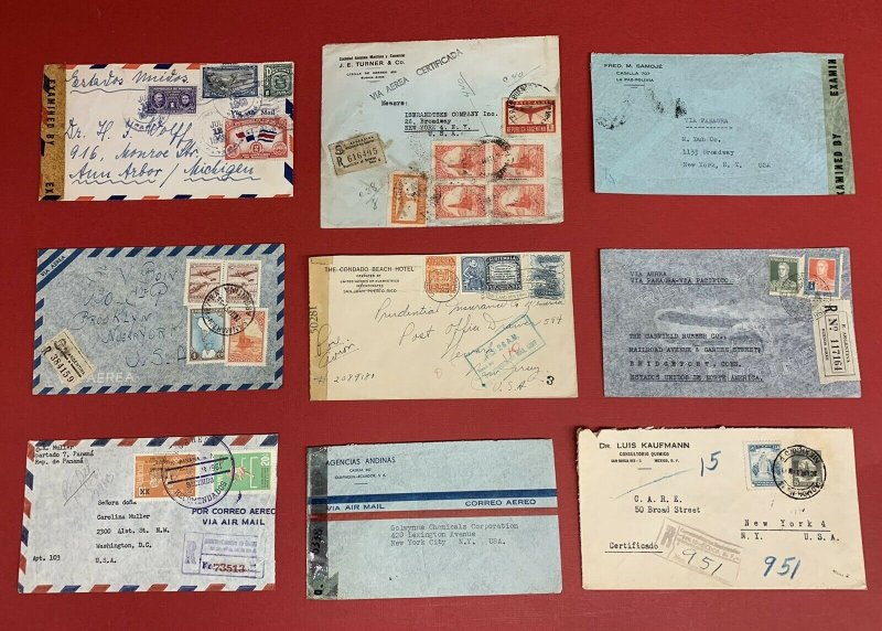 Lot of 9 Latin America Registered Covers and Censored Covers Used from 1933-1968