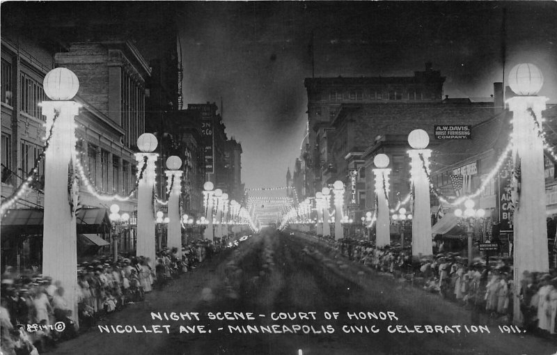 H37/ Minneapolis Minnesota RPPC Postcard 1911 Night Court of Honor Civic