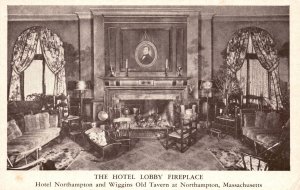 Vintage Postcard 1920's The Hotel Lobby Fireplace Northampton Massachusetts MA