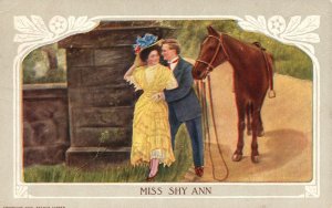 Vintage Postcard 1910's Lover Couple Horse Cabin Couple Yellow Dress Border