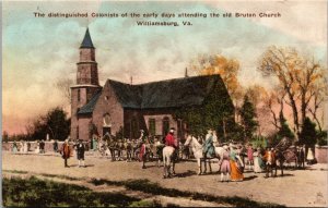 Vtg Williamsburg VA Colonists attending Old Bruton Church Hand Colored Postcard