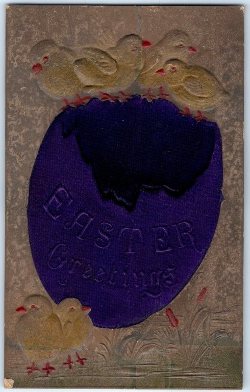 c1910s Easter Greetings RARE Purple Silk Cracked Egg Heavy Embossed Postcard A86