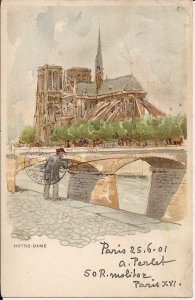 Paris, France, Notre Dame Cathedral 1901 Artist View, Man Fishing